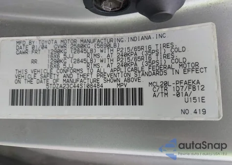 2004 Toyota Sienna Le z USA, uszkodzony, nr VIN 5TDZA23C44S108484